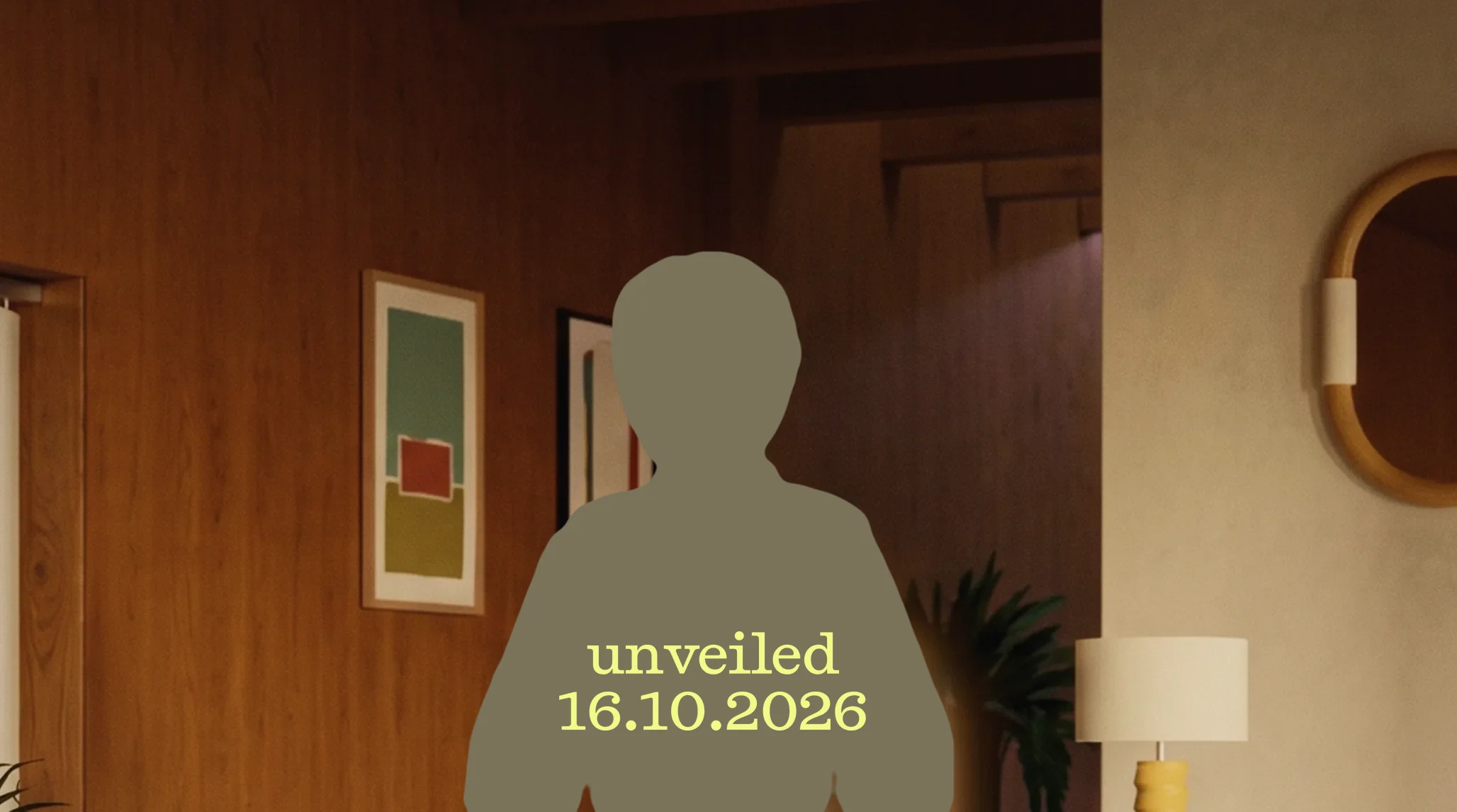 Silhouette of Plim standing in a wood-panelled hallway. Unveiled 16.10.2026.