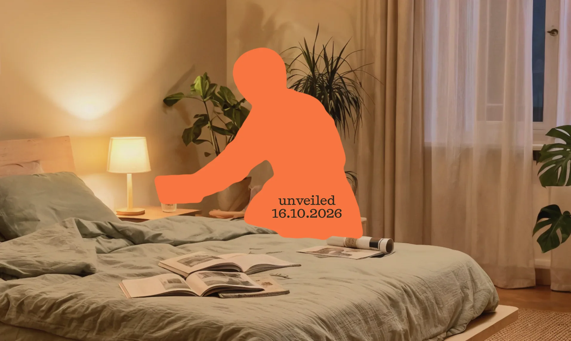 Silhouette of Plim placing a glass of water on a bedside table. Unveiled 16.10.2026.