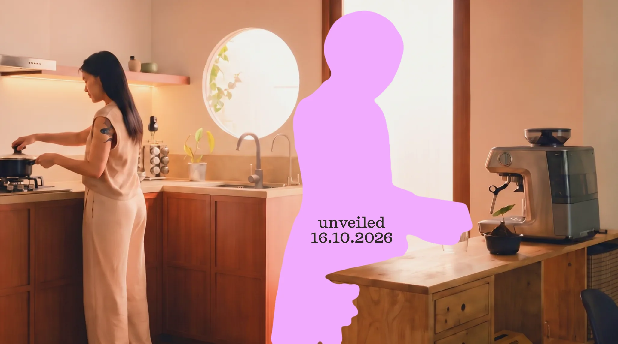 Silhouette of Plim making coffee in a kitchen while someone cooks. Unveiled 16.10.2026.
