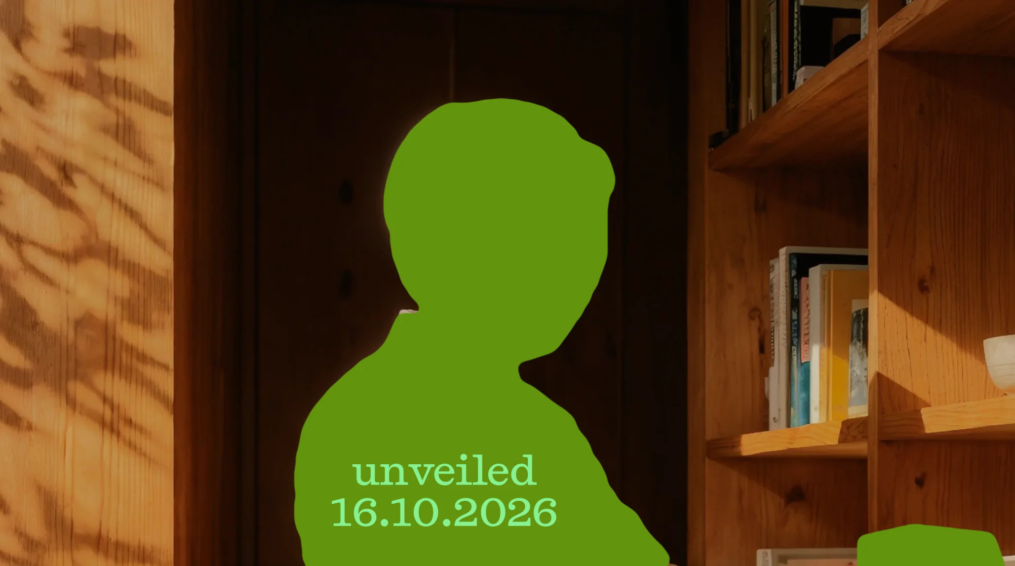 Silhouette of Plim sitting by a bookshelf in warm light. Unveiled 16.10.2026.
