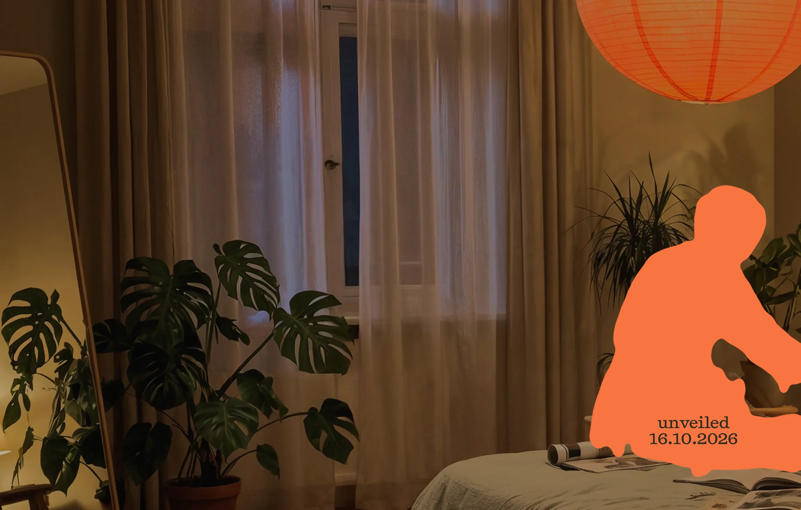 Silhouette of Plim kneeling at a bedside in a lamp-lit bedroom. Unveiled 16.10.2026.